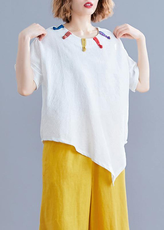 White Linen Clothes Cotton O Neck Asymmetric Summer Top