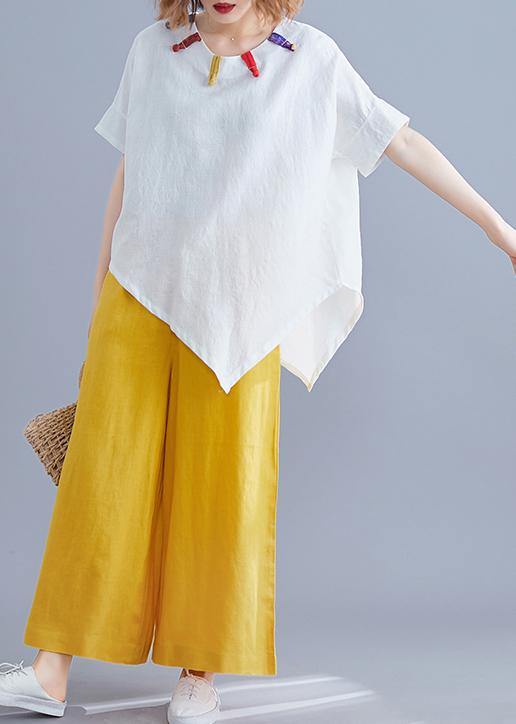 White Linen Clothes Cotton O Neck Asymmetric Summer Top