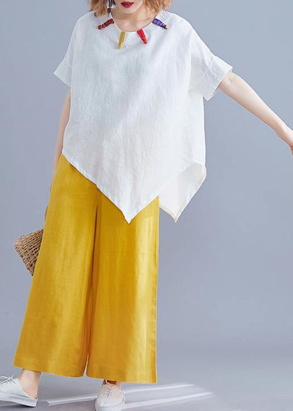 White Linen Clothes Cotton O Neck Asymmetric Summer Top