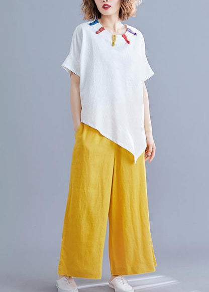 White Linen Clothes Cotton O Neck Asymmetric Summer Top