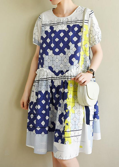 White Plaid Dresses O Neck Ruffles Short Dress
