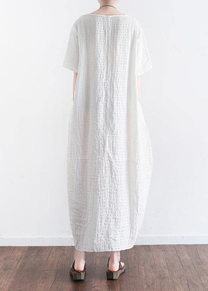 White Plaid Linen Clothes Front Open Maxi Summer Dresses