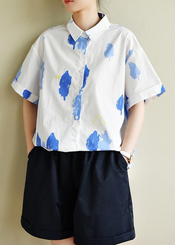 White Print Wardrobes Lapel Button Down Summer Tops