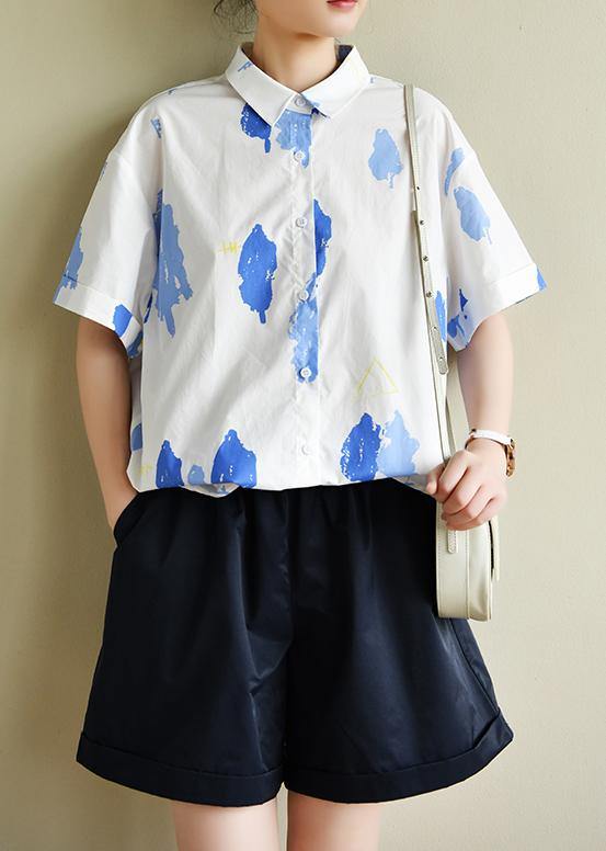 White Print Wardrobes Lapel Button Down Summer Tops