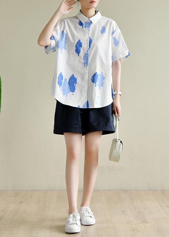 White Print Wardrobes Lapel Button Down Summer Tops