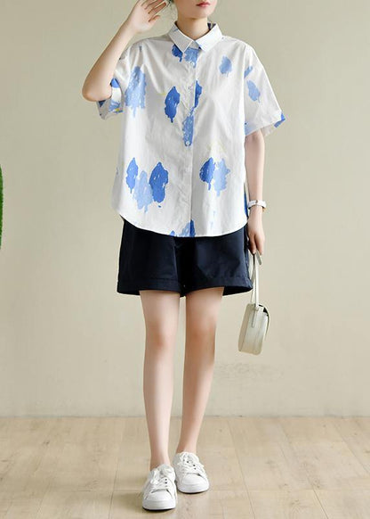 White Print Wardrobes Lapel Button Down Summer Tops