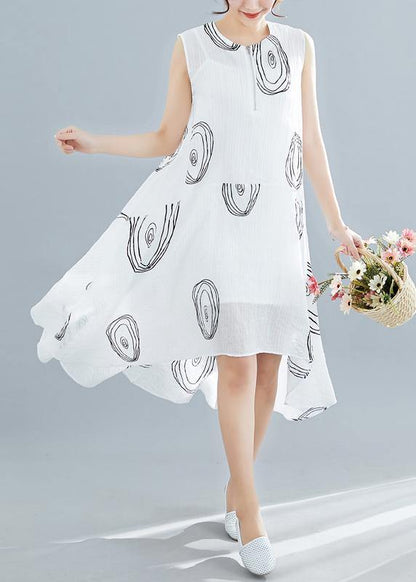 White Print Linen Cotton Clothes for Sleeveless Low High Design Shift Summer Dress