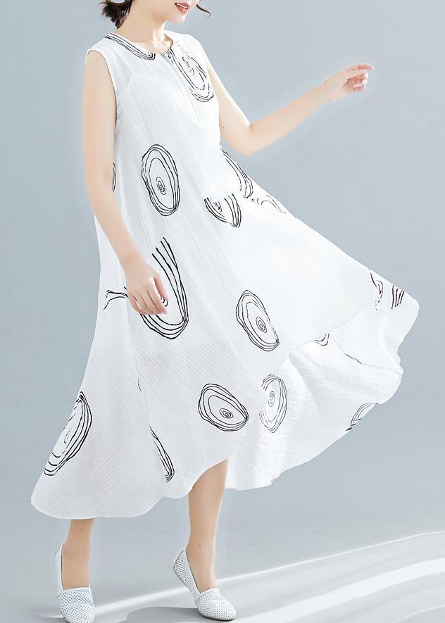 White Print Linen Cotton Clothes for Sleeveless Low High Design Shift Summer Dress