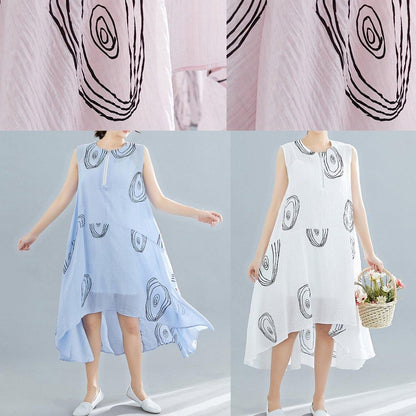 White Print Linen Cotton Clothes for Sleeveless Low High Design Shift Summer Dress