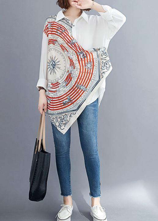White Prints Blended Box Top Asymmetric Baggy Summer Blouses