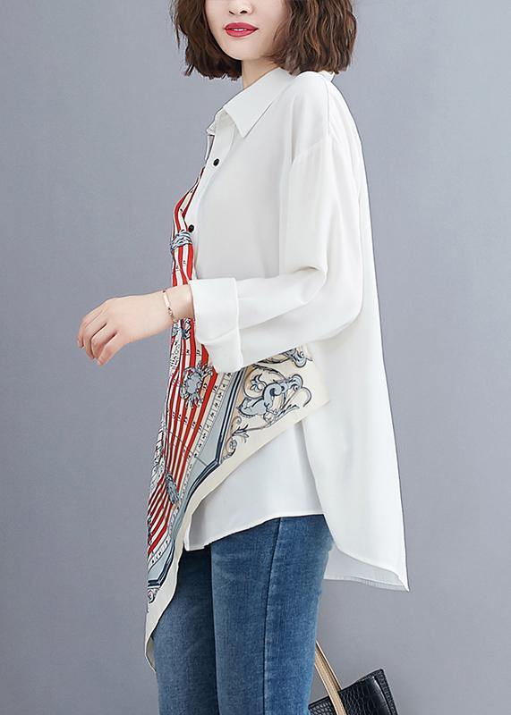 Women white prints blended box top asymmetric baggy summer blouses