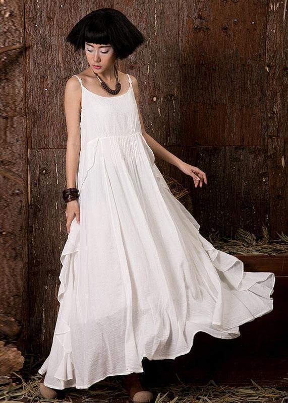 White Sleeveless Linen Clothes Ruffles Side Art Summer Dress