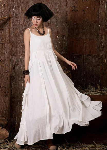 White Sleeveless Linen Clothes Ruffles Side Art Summer Dress