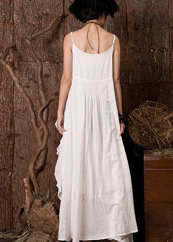 White Sleeveless Linen Clothes Ruffles Side Art Summer Dress