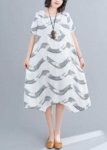 White Striped Linen Clothes for O Neck Patchwork Short Summer Dresses