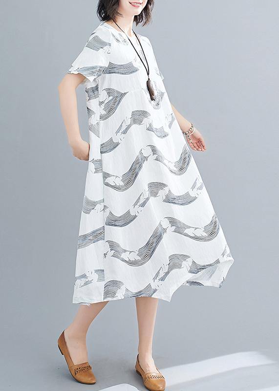 White Striped Linen Clothes for O Neck Patchwork Short Summer Dresses