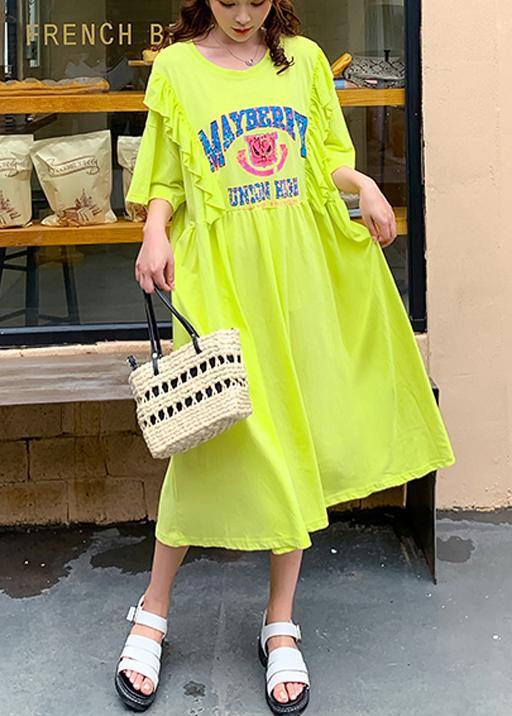 Yellow Cartoon Print Tunics for O Neck Ruffles Traveling Dress