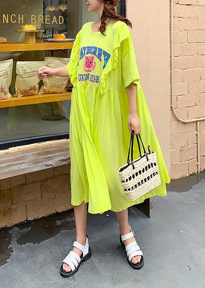 Yellow Cartoon Print Tunics for O Neck Ruffles Traveling Dress
