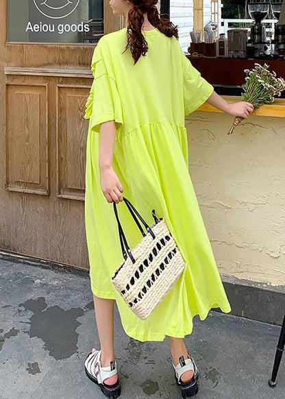 Yellow Cartoon Print Tunics for O Neck Ruffles Traveling Dress