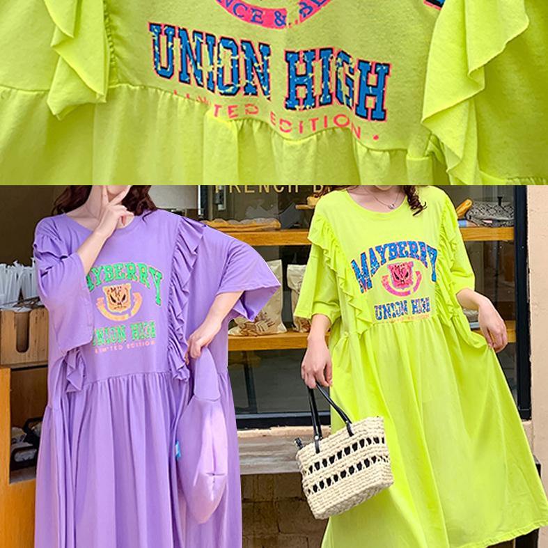 Yellow Cartoon Print Tunics for O Neck Ruffles Traveling Dress