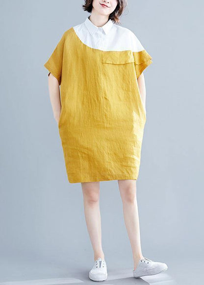 Yellow Cotton Tunics for O Neck Patchwork Loose Summer Dresses
