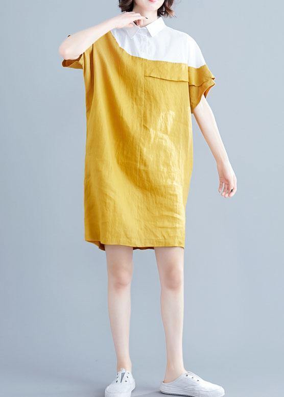 Yellow Cotton Tunics for O Neck Patchwork Loose Summer Dresses