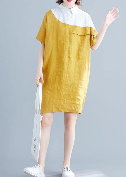Yellow Cotton Tunics for O Neck Patchwork Loose Summer Dresses