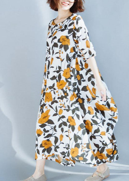 Yellow Cotton Robes Prints a Line Summer Dresses