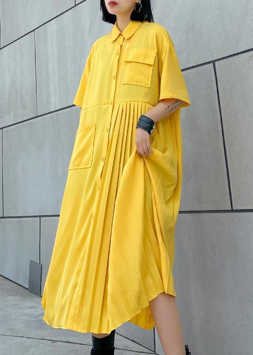 Yellow Cotton Clothes Lapel Cinched Kaftan Summer Dress