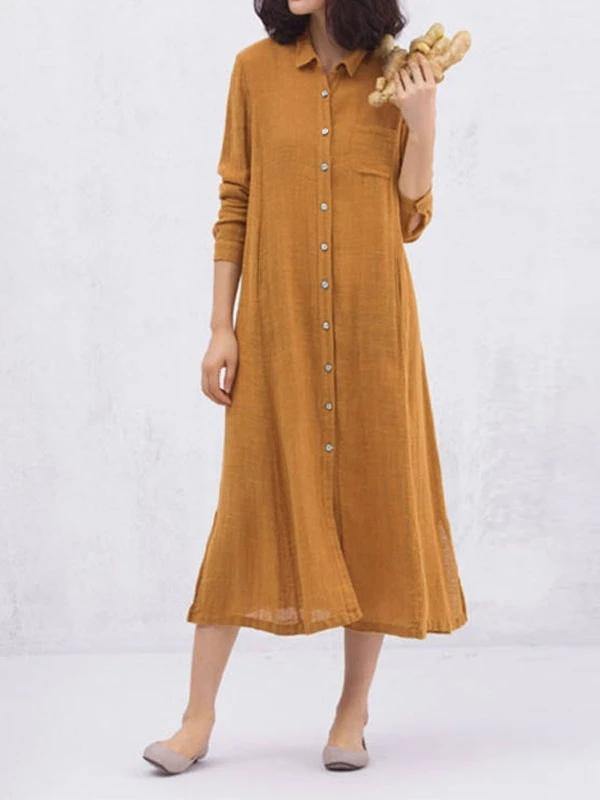 Yellow Cotton Clothes Lapel Button Loose Spring Dresses