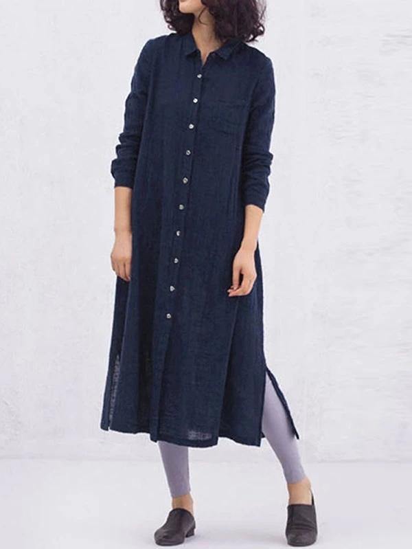 Yellow Cotton Clothes Lapel Button Loose Spring Dresses