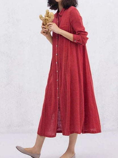 Yellow Cotton Clothes Lapel Button Loose Spring Dresses