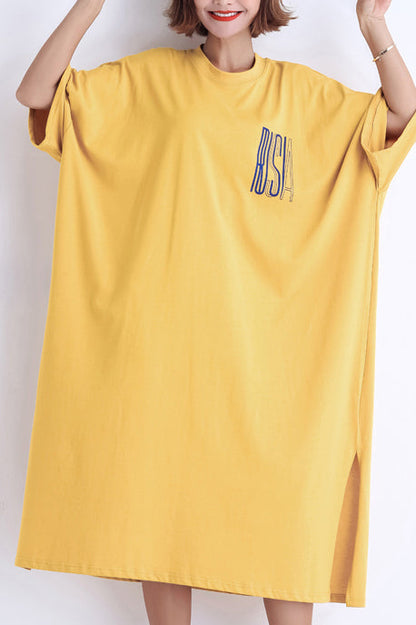 Yellow Cotton Dress Fabrics O Neck Side Open Art Summer Dresses