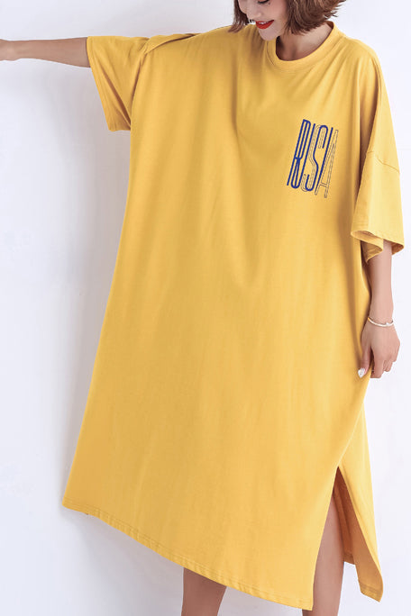 Yellow Cotton Dress Fabrics O Neck Side Open Art Summer Dresses
