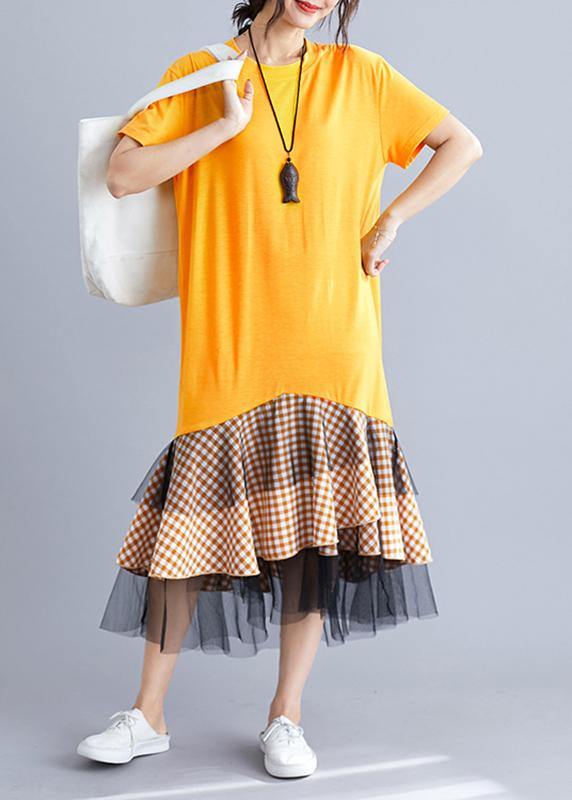 Yellow Cotton Tunic Dress Patchwork Plaid a Line Summer Dresses