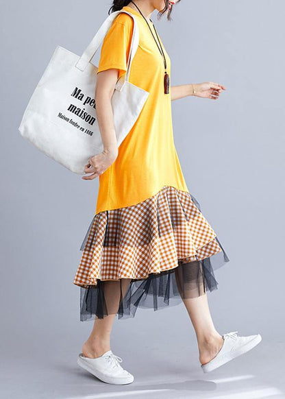 Yellow Cotton Tunic Dress Patchwork Plaid a Line Summer Dresses