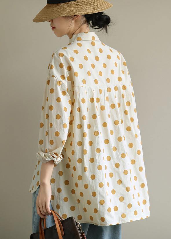 Women yellow dotted clothes lapel low high design Knee blouses