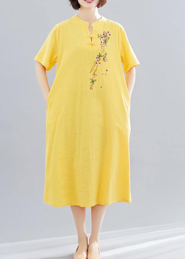 Yellow Embroidery Cotton Clothes Short Maxi Summer Dress