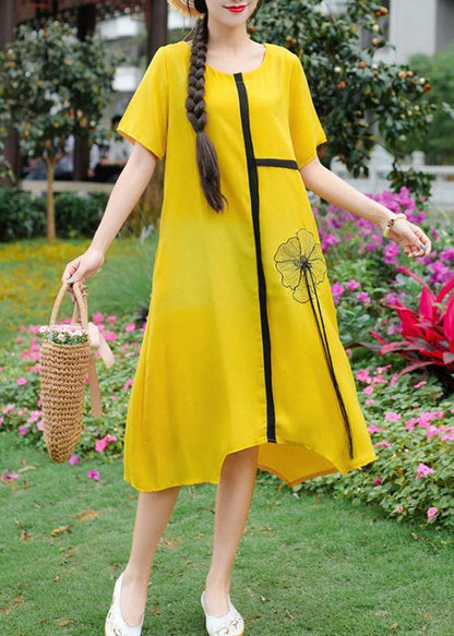 Yellow Embroidery Linen Cotton O Neck Baggy Summer Dresses