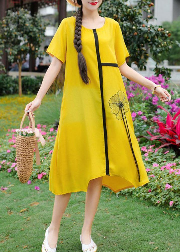 Yellow Embroidery Linen Cotton O Neck Baggy Summer Dresses