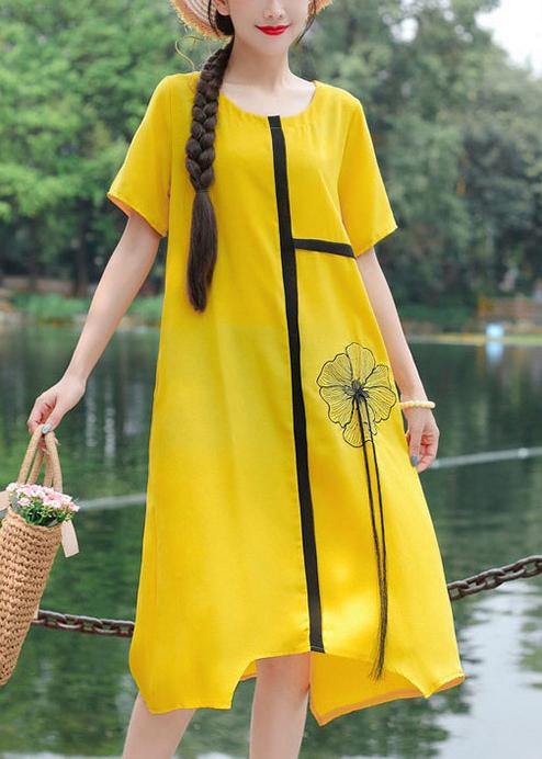 Yellow Embroidery Linen Cotton O Neck Baggy Summer Dresses