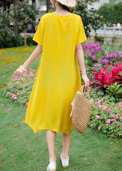 Yellow Embroidery Linen Cotton O Neck Baggy Summer Dresses