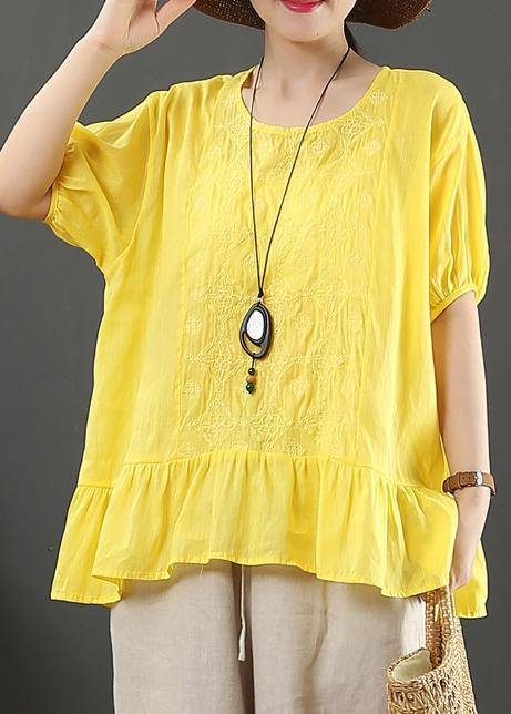 Yellow Embroidery Linen Tops for O Neck Loose Shirt