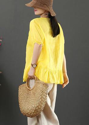 Yellow Embroidery Linen Tops for O Neck Loose Shirt