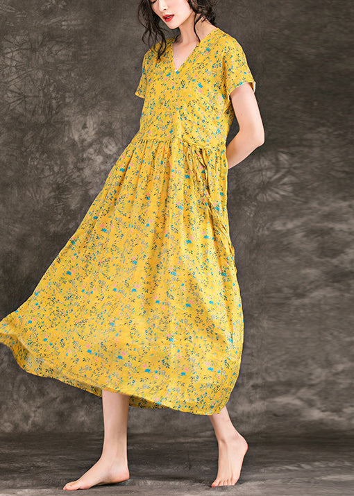Yellow Chiffon Dress Fine Design V Neck Tie Waist Chiffon Summer Dress
