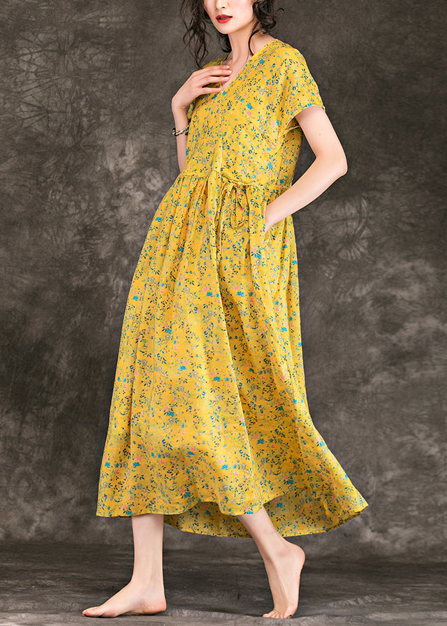 Yellow Chiffon Dress Fine Design V Neck Tie Waist Chiffon Summer Dress