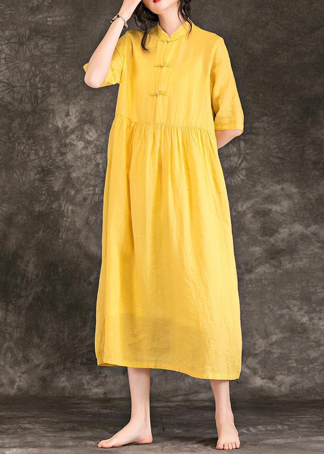 Yellow Linen Clothes Outfits Stand Collar Half Sleeve Long Summer Dresses
