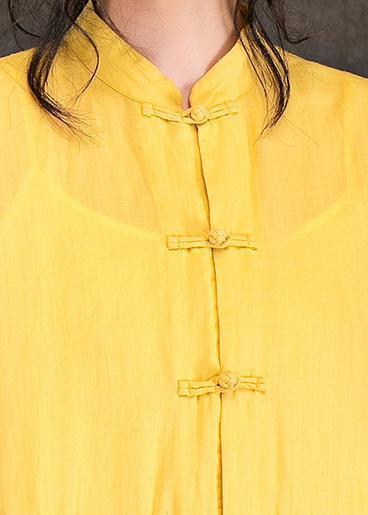 Yellow Linen Clothes Outfits Stand Collar Half Sleeve Long Summer Dresses