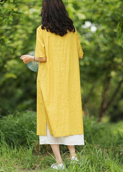 Yellow Linen Cotton Robes V Neck Side Open Art Summer Dress