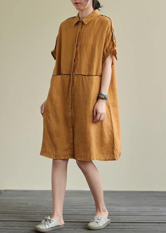 Yellow Linen Dress Lapel Pockets Summer Dresses